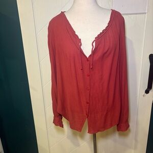 Z Supply Brick Red Ruffle Neck‎ Long Sleeve Tie Front Blouse Top Rayon Boho  S